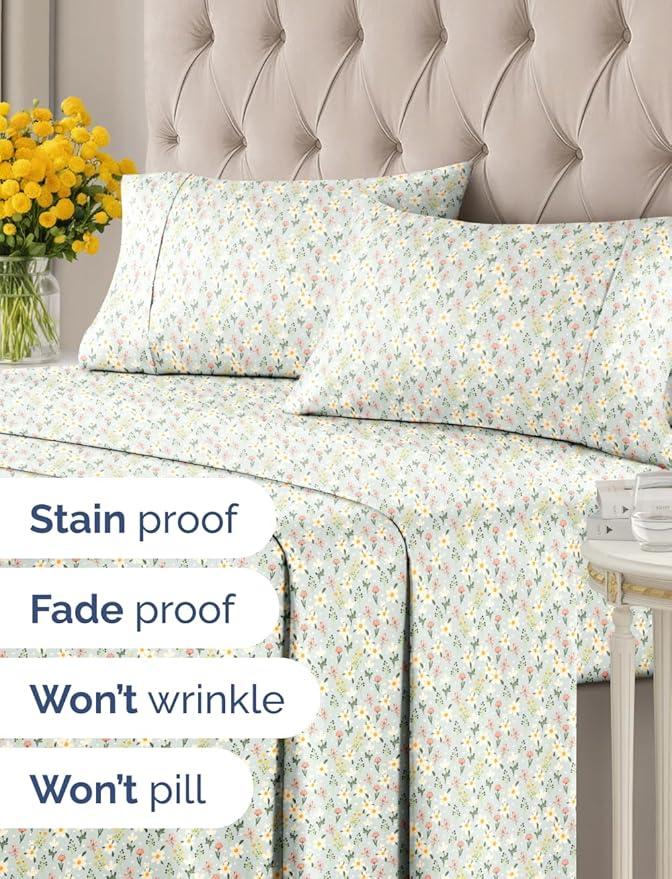 Floral Sheets - Flower Print Bed Sheet Set - 1 Flat, 1 Fitted & 2 Pillowcases w/ Deep Pockets - Comfy, Cozy, Wrinkle & Fade Free - Boho Botanical Bedding - Soft, Breathable & Cooling - Queen Size Set