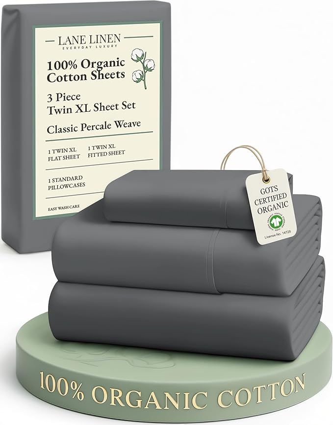 LANE LINEN 100% Organic Cotton Twin XL Sheets Set, Hotel Like Crisp Percale Low Pill Fade Resistant Reinforsed Seam Cotton Sheets, Perfect for Hospital Bed & Dorm Room Extra Long Twin- Charcoal