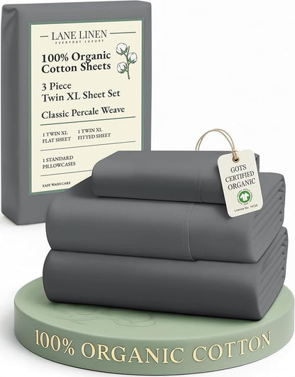 LANE LINEN 100% Organic Cotton Twin XL Sheets Set, Hotel Like Crisp Percale Low Pill Fade Resistant Reinforsed Seam Cotton Sheets, Perfect for Hospital Bed & Dorm Room Extra Long Twin- Charcoal