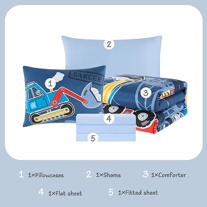 Twin Kids Comforter Set - 5 Pieces Twin Bedding Sets for Boys Teen, Glow in The Dark Truck Tractor Excavator Bed in A Bag with Sheets