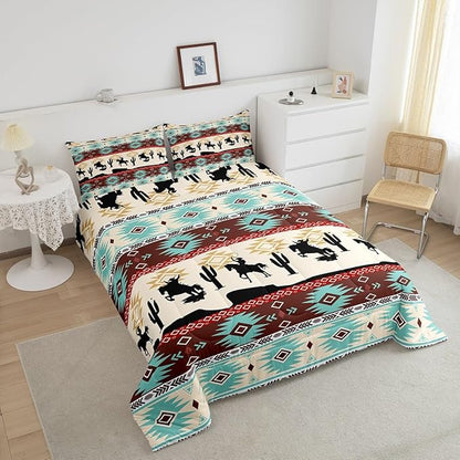 Feelyou Boho Comforter Set Toddler Size Horses Comforter Southwestern Native Aztec Bedding Set Farmhouse Wildlife Duvet Set Room Decor Beige Blue Quilt Set