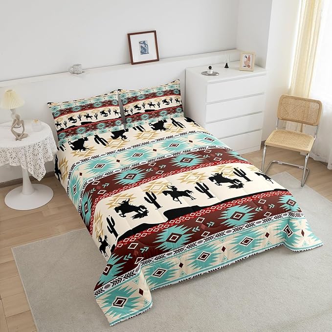 Feelyou Boho Comforter Set Twin Size Horses Comforter Southwestern Native Aztec Bedding Set Farmhouse Wildlife Duvet Set Room Decor Beige Blue Quilt Set