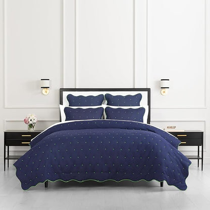 kate spade new york Scalloped Edge 2-Piece Twin Quilt Bedding Set, 100% Cotton Reversible Cover, All Season Warmth Bedding, Machine Washable, Navy