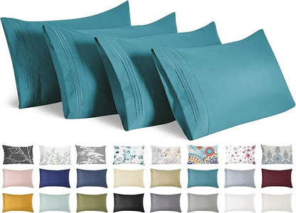 YIYEA Pillow Cases Queen Size Set of 4, Ultra Soft 1800TC Hotel Quality Double Brushed Microfiber Embroidered Pillowcases, Envelope Closure, Fade Resistant (20"x30", Teal)