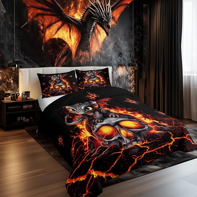 Castle Fairy Cartoon Dragon Bedding Set Queen Size Black Skull Flame Crack Comforter for Child Toddler Teens Lovely Halloween Dragon Down Comforter Neon Red Butterfly Duvet Insert with 2 Pillowcases