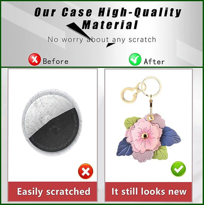 BORKUANA Leather Keychain Holder Case Compatible with AirTag,Cute Protective Cover with Keyring