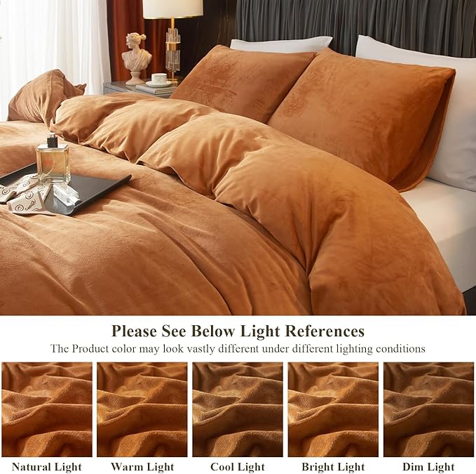 Ivellow Velvet Duvet Cover Queen Set Burnt Orange Queen Comforter Cover 3Pcs Ultra Soft Breathable Solid Luxury Flannel Velour Duvet Cover Zipper Closure Corner Tie