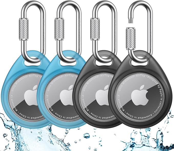 UNBREAKcable for AirTag Holder Case with Professional Carabiner, 4 Pack | Waterproof, Shockproof, Hold Securely, Easy to Install, Protective AirTag Keychain for Keys, Pets, Luggage-Trans Blue&Black