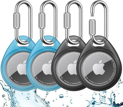 UNBREAKcable for AirTag Holder Case with Professional Carabiner, 4 Pack | Waterproof, Shockproof, Hold Securely, Easy to Install, Protective AirTag Keychain for Keys, Pets, Luggage-Trans Blue&Black