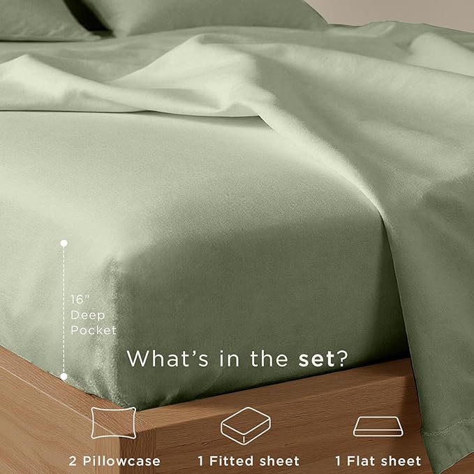 Threadmill Cotton Queen Sheet Set | 100% Cotton Sheets for Queen Size Bed | Solid Sateen Queen Bed Sheets Set with 16” Deep Pocket | Soft Breathable 4-Piece Cooling Bedding Sheet Set | Sage Green