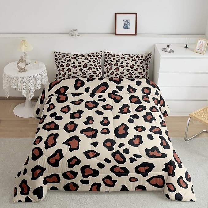 Feelyou Leapord Comforter Set King Size Leopard Print Comforter for Boys Girls Teens Cheetah Print Bedding Set Morden Duvet Set Room Decor Pale Brown Quilt Set