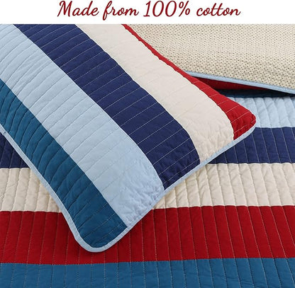 Cozy Line Home Fashions Aaron Bedding Quilt Set, Nautical Navy Blue Red Off-White Striped 100% Cotton Reversible Coverlet Bedspread Bedding Set (National Stripe, Queen - 3 Piece)