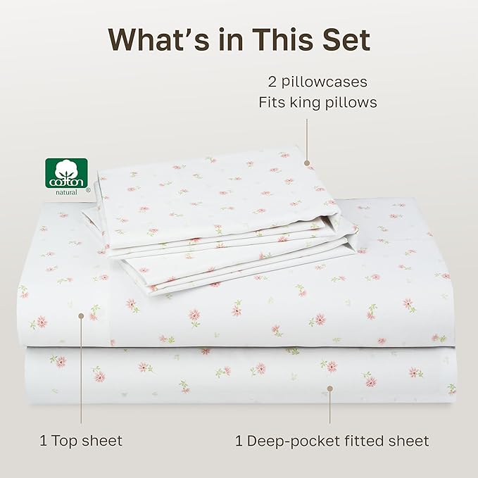 California Design Den Floral Print King Size Sheets Set - 400 Thread Count, Soft Sateen, Natural 100% Cotton Sheets King Size, Deep Pockets, and Durable Bedding Set - Soft Floral