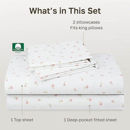 California Design Den Floral Print King Size Sheets Set - 400 Thread Count, Soft Sateen, Natural 100% Cotton Sheets King Size, Deep Pockets, and Durable Bedding Set - Soft Floral