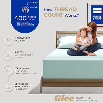 THREAD SPREAD 100% Cotton King Size Pillow Cases Set of 2 - Luxury 400 Thread Count Pillow Cases King Size (Sea Foam), Soft Cooling Breathable & Durable Sateen Weave Hotel Quality Cotton Pillowcases