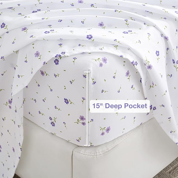Softan Purple Floral King Bed Sheet Set, Cozy Microfiber Patterned Fitted Sheets with 15" Deep Pocket & Non-Slip Straps, Cute Purple Flower Printed Sheets & Pillowcase Set King