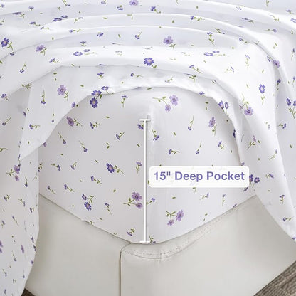 Softan Purple Floral King Bed Sheet Set, Cozy Microfiber Patterned Fitted Sheets with 15" Deep Pocket & Non-Slip Straps, Cute Purple Flower Printed Sheets & Pillowcase Set King