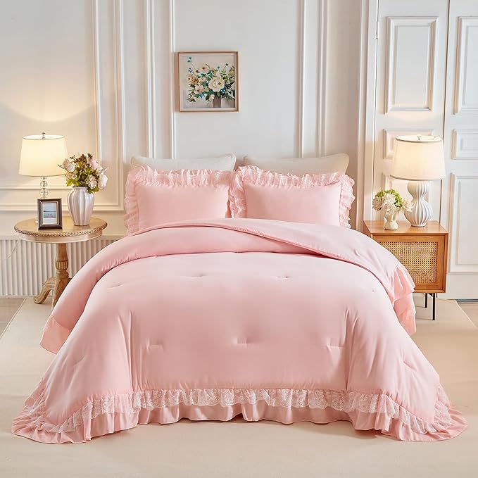 Joyreap King Size Comforter Set Blush Pink, 3pcs Lace Ruffled Bedding Comforter Set, Microfiber Vintage Boho Chic Bedding Set for All Season- 100x88 inches