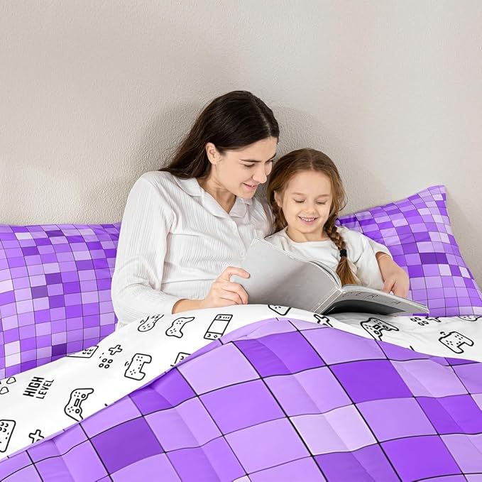Pixelated Blocks Miners Kids Bedding Set King Size,Video Games Game Gamepad Comforter Set,Geometric Grid Patchwork Quilt Comforter,Purple Bedroom Duvet Insert,2 Pillowcases