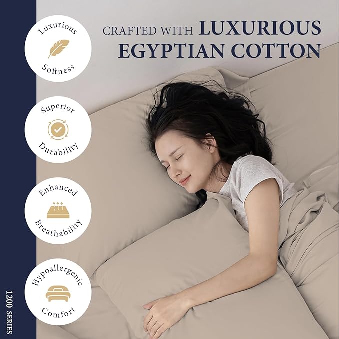 Ashton Sheets 100% Egyptian Cotton Sheets King Size - 1200 Thread Count King Size Sheets Set Egyptian Cotton, 4 PC Luxury Bedsheet (Taupe), Soft, Cooling, 17" Deep Pocket Sateen Weave Bedsheet Set
