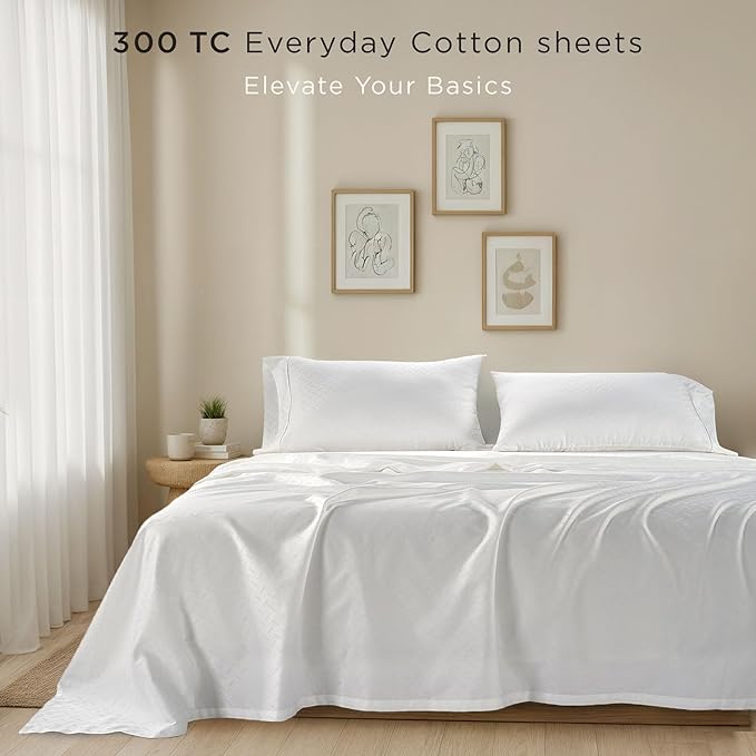 Threadmill 100% Cotton Sheets for King Size Bed | 4 Pc King Bed Sheets Set | Soft, Breathable Lightweight Damask Sateen for All-Season Use | Snug Fit Elastic Deep Pocket King Sheets | White