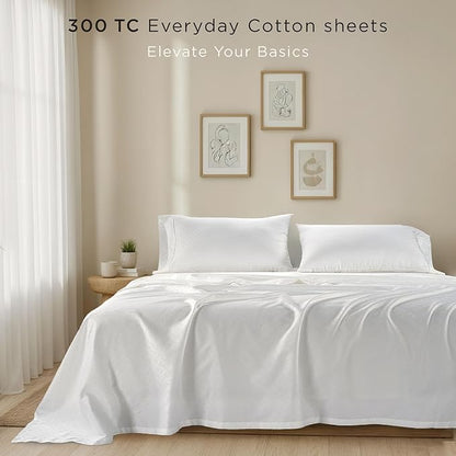 Threadmill Cotton Twin Sheet Set | 100% Cotton Sheets for Twin Size Bed | Damask Jacquard Sateen Twin Bed Sheets Set with 16” Deep Pocket | Soft Breathable 3-Piece Cooling Sheet Set | White