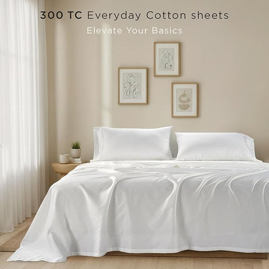 Threadmill Cotton Queen Sheet Set - 100% Cotton Damask Jacquard Sheets With 16" Deep Pocket - Soft Sateen Weave 4-Piece Cooling Bedding for Queen Size Bed - White