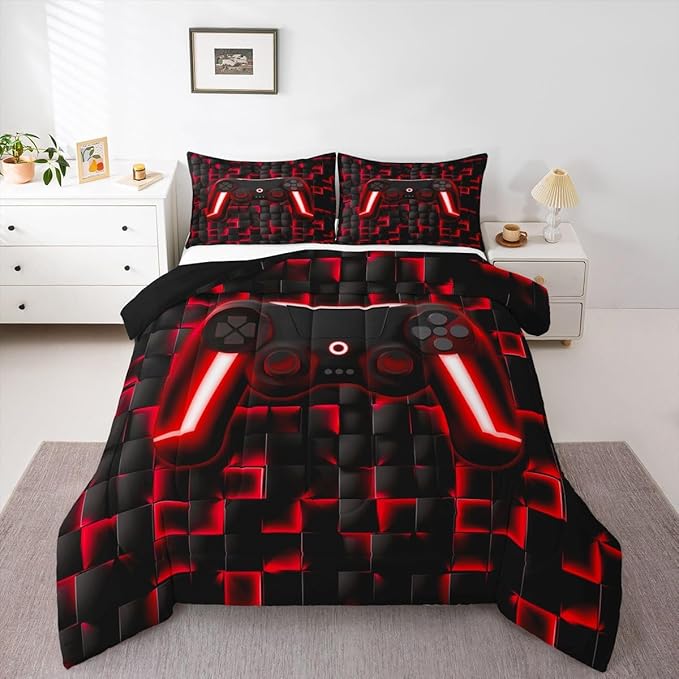 Erosebridal Gamer Queen Bedding Sets for Boys Geometric Gaming Kids Comforter Red and Black Checkered Gamepad Comforter Set for Teen Men,Video Game Bed Set Neon Lights Game Controller for Boys Room