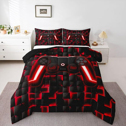 Erosebridal Gamer King Bedding Sets for Boys Geometric Gaming Kids Comforter Red and Black Checkered Gamepad Comforter Set for Teen Men,Video Game Bed Set Neon Lights Game Controller for Boys Room
