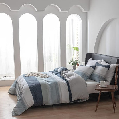 EAVD Cotton Duvet Cover Full Size White Grey Blue Striped Bedding Set with 2 Pillowcases Modern Geometric Striped Duvet Cover with Zipper Closure