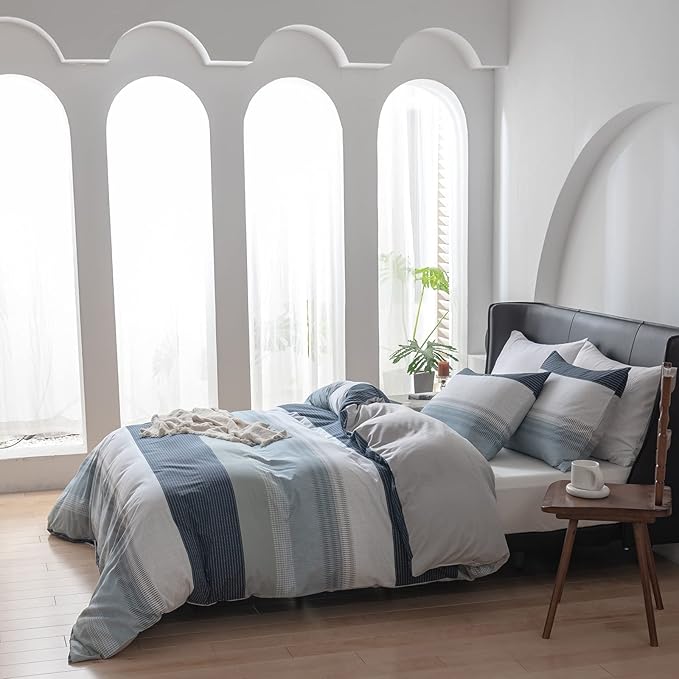 EAVD Cotton Duvet Cover Set Twin White Gray Blue Striped Duvet Cover ModernStyle Geometric Striped Bedding Set for Boys Girls Simple Style Geometric Comforter Cover with Zipper Closure