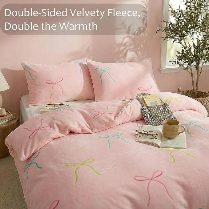 Bedbay Pink Bow Comforter Set Queen Size Warm Fluffy Fleece Bedding Set Cute Bowknot Teen Girls Ultra Soft Plush Velvet Comforter Queen Bed Set Sweet Bow Tie Dreamy Princess Style Bedding 3 Pcs
