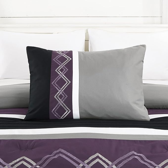 Chezmoi Collection Arden 7-Piece Modern Pleated Stripe Embroidered Zigzag Bedding Comforter Set (King, Purple/Black/Gray/White)