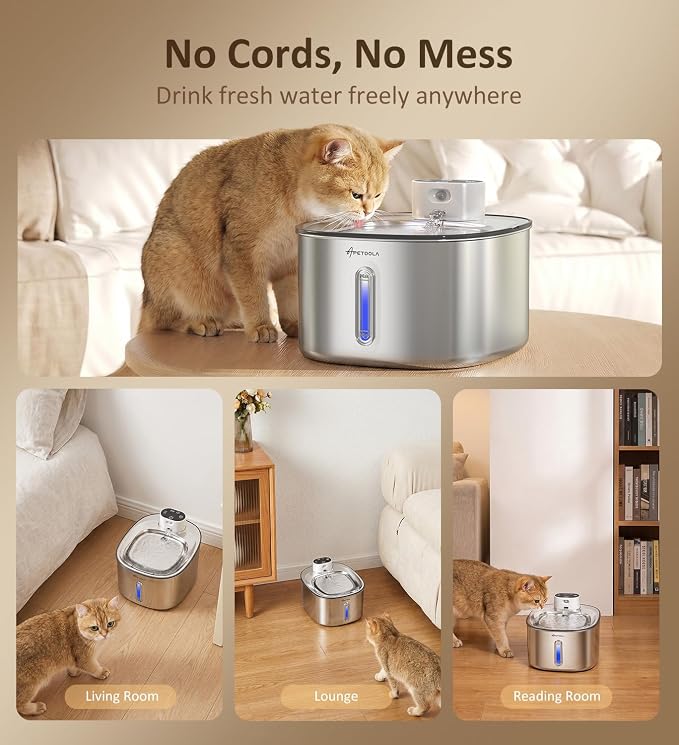 Stainless Steel Cat Water Fountain,152fl-oz/4.5L Wireless Cat Fountain,5000mAh Battery Operated Pet Water Fountain for Cats Dogs,Ultra Quiet