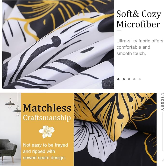 Menghomeus Queen Comforter Set Black/Gold Floral Bedding Comforter Sets Soft Microfiber Bed Comforter Set for All Season, 3 Piece Botanical Flowers Comforter, Pillowcases