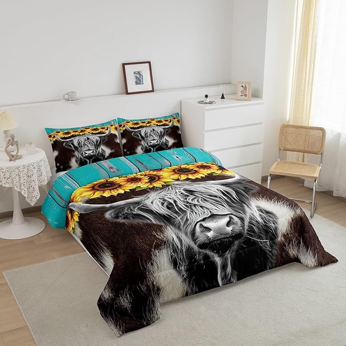 Highland Cow Comforter Set Twin Size (Not Real) Cowhide Print Bedding Sets Sunflower Floral Duvet Insert Cow Fur Print Down Comforter Rustic Blue Wooden Barn Door Quilt Funny Farm Animals Quilt