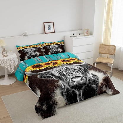 Highland Cow Comforter Set Twin Size (Not Real) Cowhide Print Bedding Sets Sunflower Floral Duvet Insert Cow Fur Print Down Comforter Rustic Blue Wooden Barn Door Quilt Funny Farm Animals Quilt