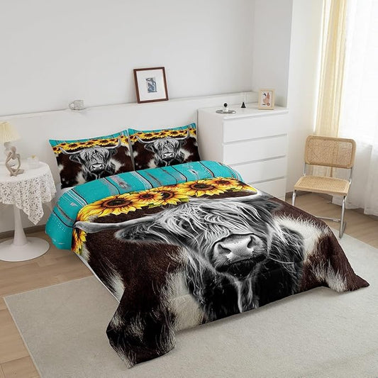 Highland Cow Bedding Sets Full Brown Cow Fur Print Comforter For Kids Boys Girls 3D Sunflowers Quilt Funny Farmhouse Animal Duvet Set Retro Woodren Board Backdrop Down Comforter,Black Brown Blue