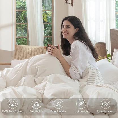 MooMee Bedding Duvet Cover Set 100% Washed Cotton Linen Like Textured Breathable Durable Soft Comfy (Solid Off White, Super King Plus 120"x120")