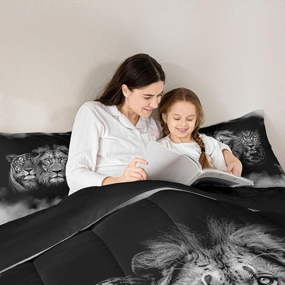 Wild Animals Comforter Set Queen Size Tiger Lion Leopard 3D Bedding Set 3pcs for Kids Boys Men Home Room Decor,Black White Smog Quilt Set Modern Microfiber Duvet Insert with 2 Pillowcases