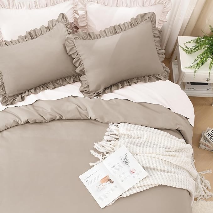Litanika Light Coffee Queen Comforter Set, 3 Pieces Ruffle Farmhouse Aesthetic Bedding Comforter Set, All Season Soft Lightweight Fluffy Microfiber Bed Set(90x90In Comforter, 2 Pillowcases)