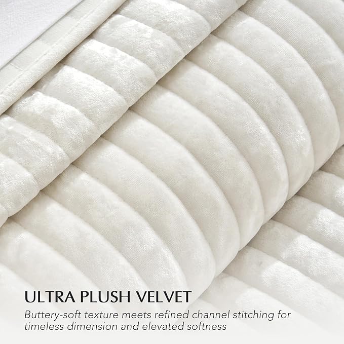 EVERGRACE Velvet Quilt Set California King 118'' x 106'', Luxurious Soft Striped Channel Bedding Set, Lightweight Velvet Comforter for All Season, Oversized Bedspread Coverlet w/ 2 Shams, Ivory White