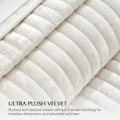 EVERGRACE Velvet Quilt Set California King 118'' x 106'', Luxurious Soft Striped Channel Bedding Set, Lightweight Velvet Comforter for All Season, Oversized Bedspread Coverlet w/ 2 Shams, Ivory White