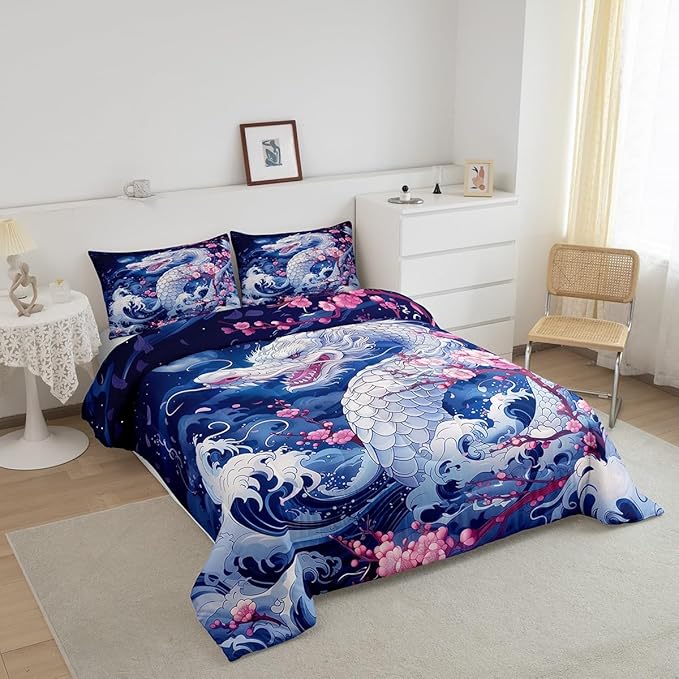 Dragon Comforter Set Full Size,Japanese Style Pink Cherry Blossom Bedding Set 3Pcs,Kids Girls Boys Teens Home Decor,Blue Sea Waves Quilt Set Magical Wild Animals Duvet Insert,2 Pillowcases