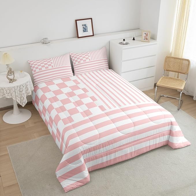Pink Check Comforter Set Fashion Buffalo Plaid Bedding Set Modern Simple Style Bedding Home Decor Pink Stripes Geometric Comforter Queen Size Quilted Duvet Set 1 Comforter with 2 Pillowcase