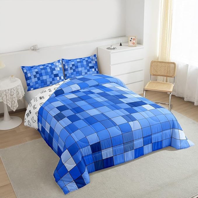 Pixel Grid Miners Comforter Set King Size,Video Games Plaid Lattice Kids Bedding Set,Geometric Check Quilt Comforter,Light Blue Duvet Insert,2 Pillowcases