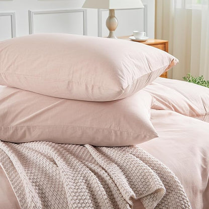 NEXHOME PRO Duvet Cover Set King Size Linen Look Textured Organic Natural 100% Washed Cotton Duvet Cover Greyish Light Pink 3 Pieces Bedding Set with Zipper Closure, Breathable (No Comforter)