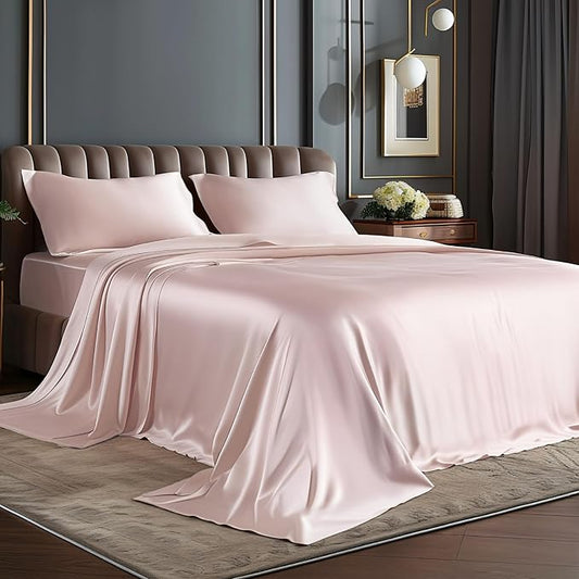BEDELITE Satin Sheets Twin XL Size Bed Set, Luxury Soft Pink Silky Sheets for Hair and Skin, Similar to Silk Bed Sheets Set 3 Pieces with 1 Deep Pocket Fitted Sheet, 1 Flat Sheet, and 1 Pillowcase