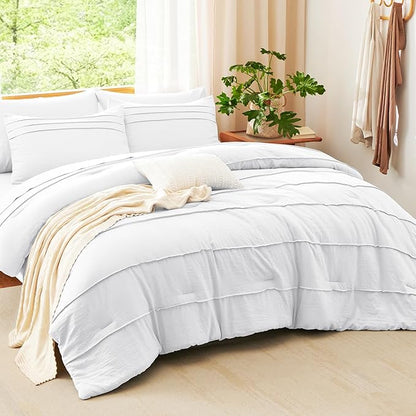 CozyLux Queen Comforter Set White, 7 Pieces Soft Pinch Pleat Bed in a Bag Queen Comforter Set with Sheets, Boho Bed Set with Down Alternative Comforter, Sheets, Pillowcases & Shams