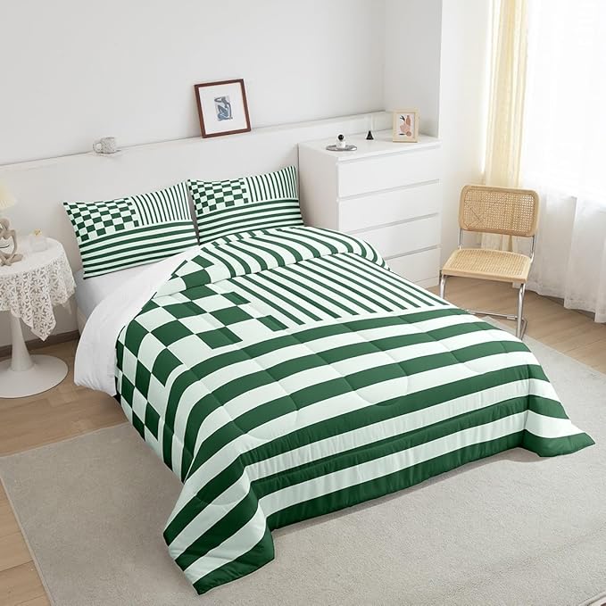 Green Plaid Comforter Set Fashion Buffalo Check Bedding Set Green Stripes Geometric Bedding Home Decor Modern Simple Style Comforter Queen Size Quilted Duvet Set 1 Comforter with 2 Pillowcase